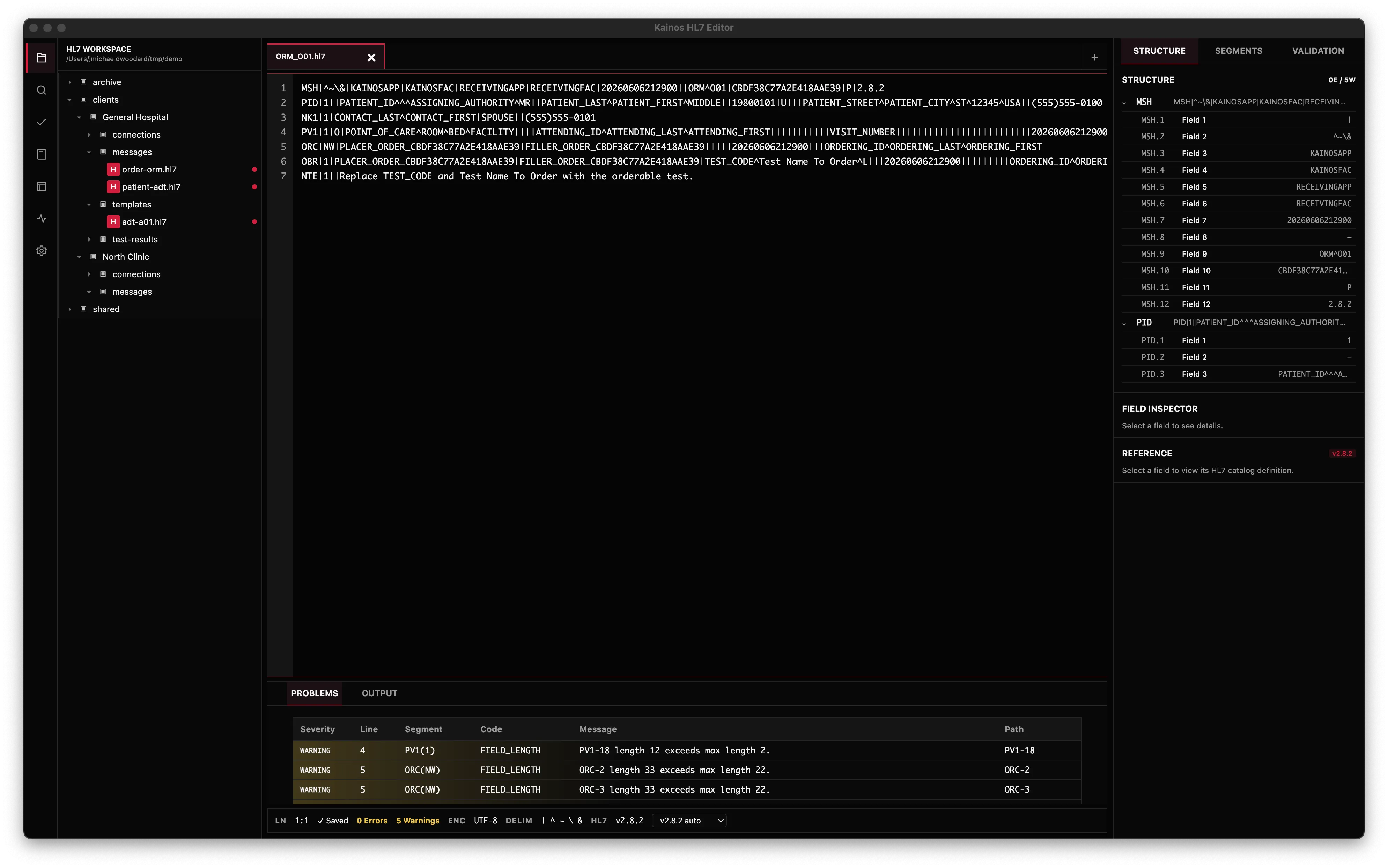Kainos HL7 Editor main window with the file tree, message tabs, raw message, and the structure and validation panel.