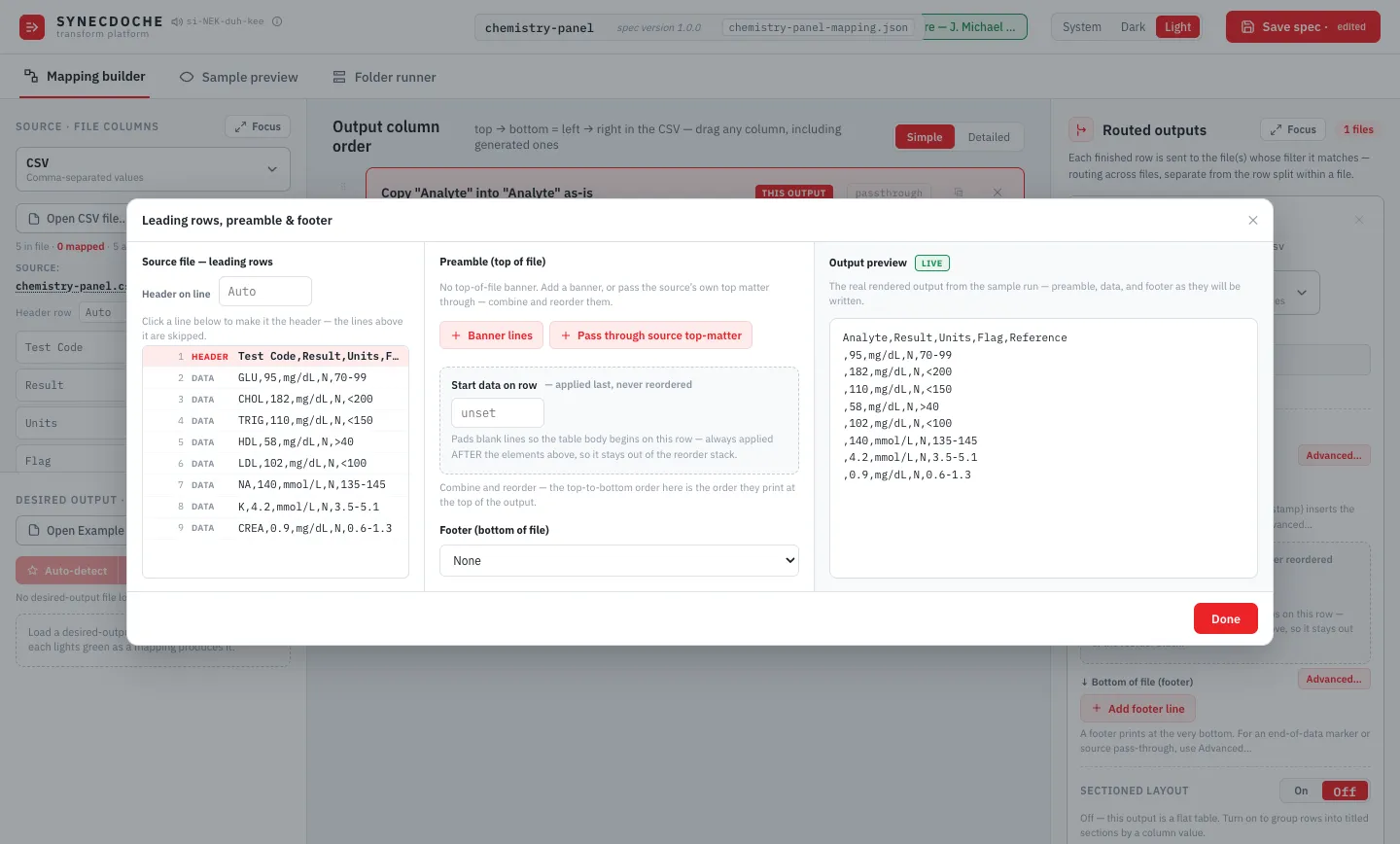 The Leading Rows, Preamble and Footer editor with a live rendered output preview.