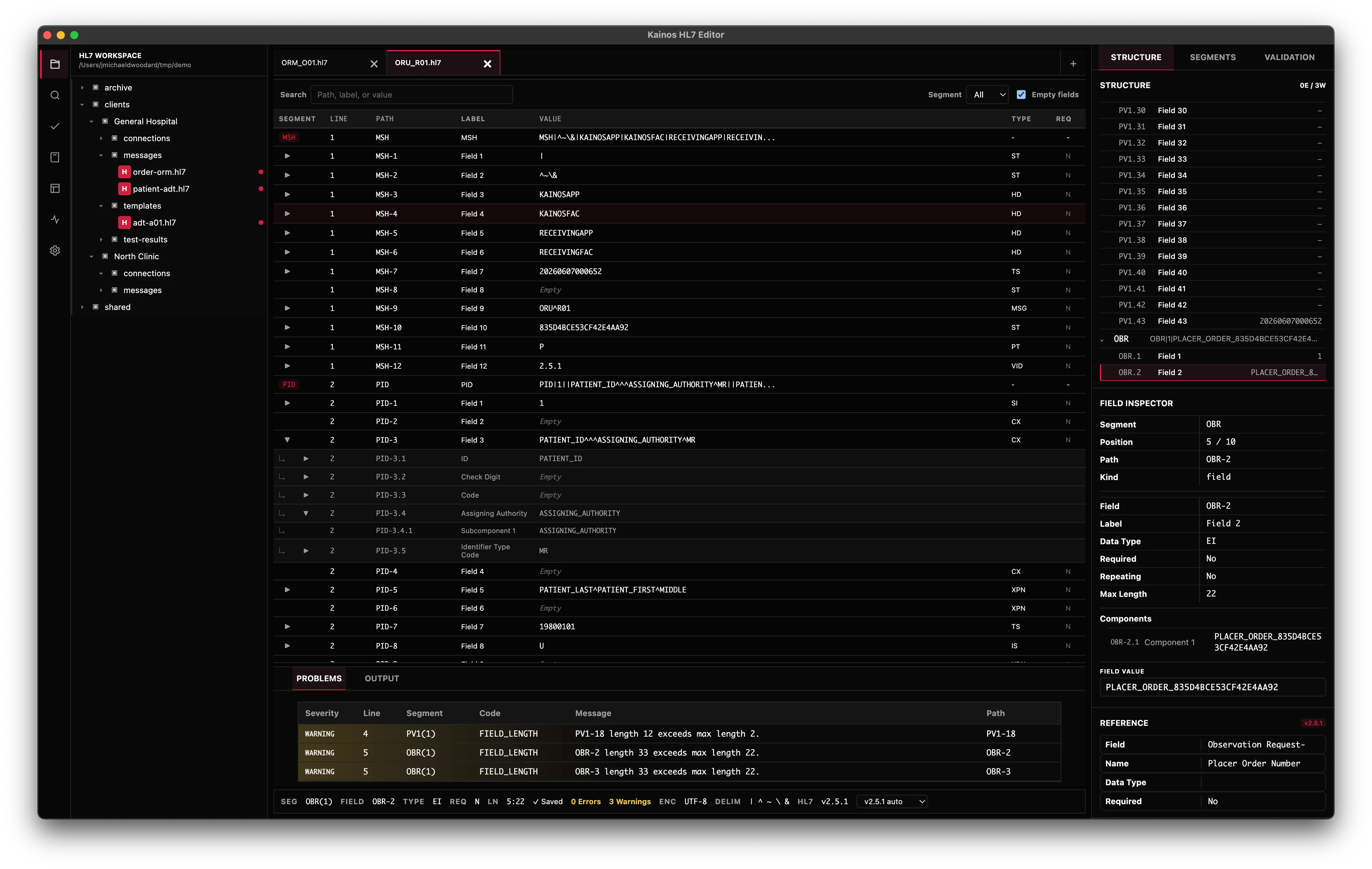Field detail table with path, label, value, datatype, and required columns plus expanded component rows.